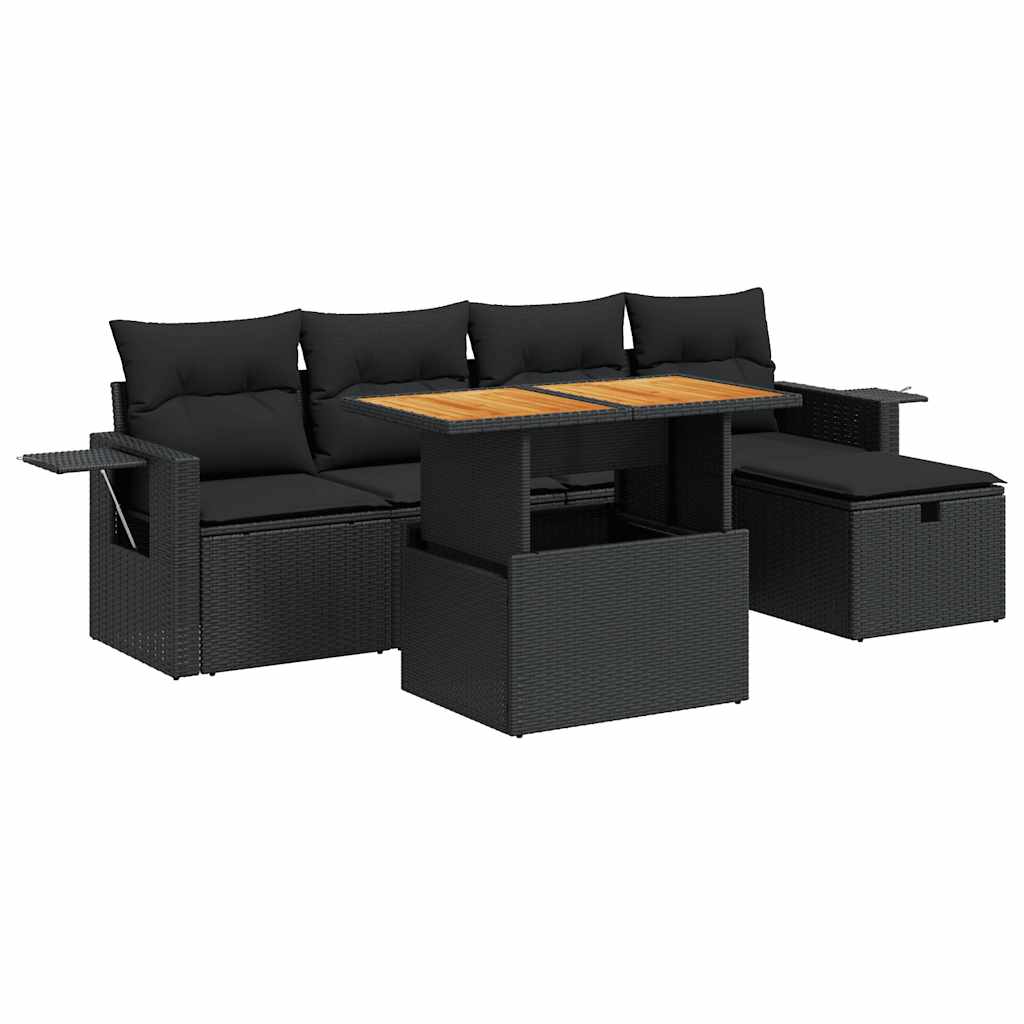 Salon de jardin 6 pcs avec coussins noir résine tressée acacia