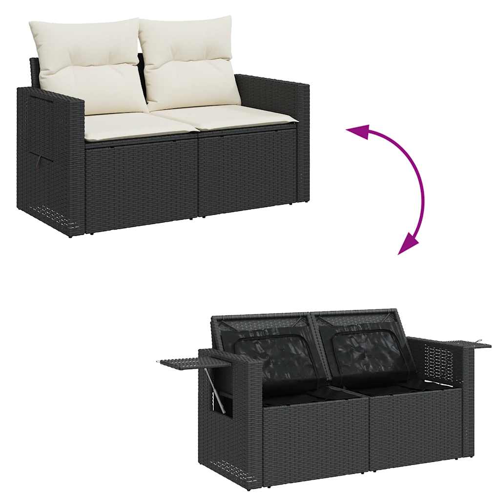 Salon de jardin 6 pcs avec coussins noir résine tressée acacia
