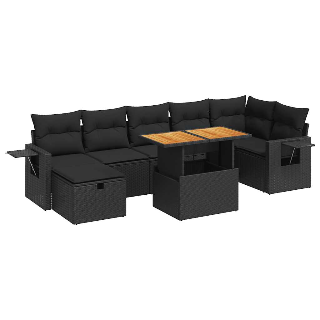 Salon de jardin 5 pcs avec coussins noir résine tressée acacia
