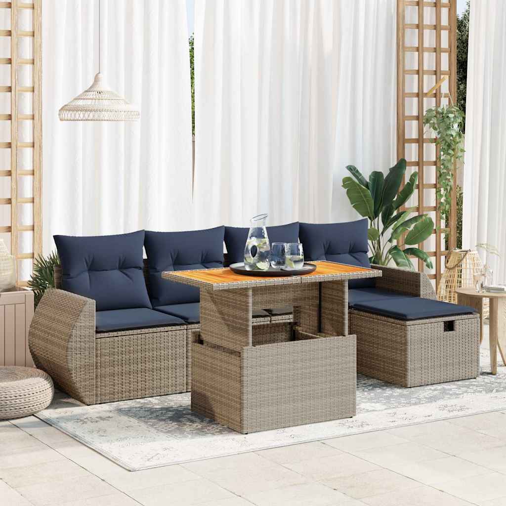 Salon de jardin 6 pcs avec coussins noir résine tressée acacia