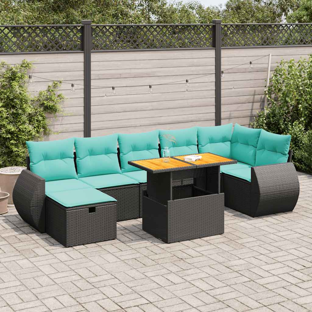Salon de jardin avec coussins 8 pcs noir résine tressée acacia