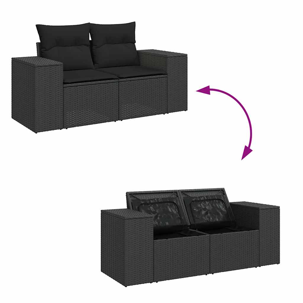 Salon de jardin 6 pcs avec coussins noir résine tressée acacia