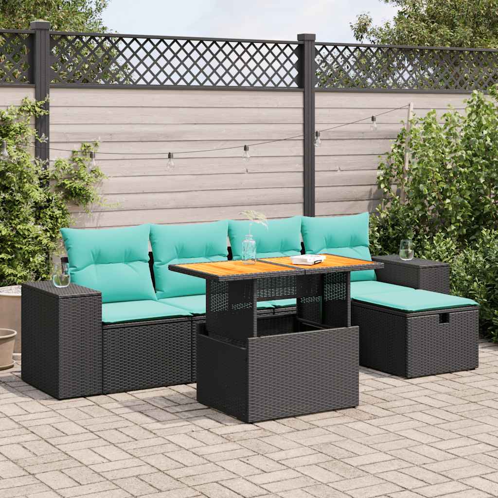 Salon de jardin avec coussins 6pcs marron résine tressée acacia