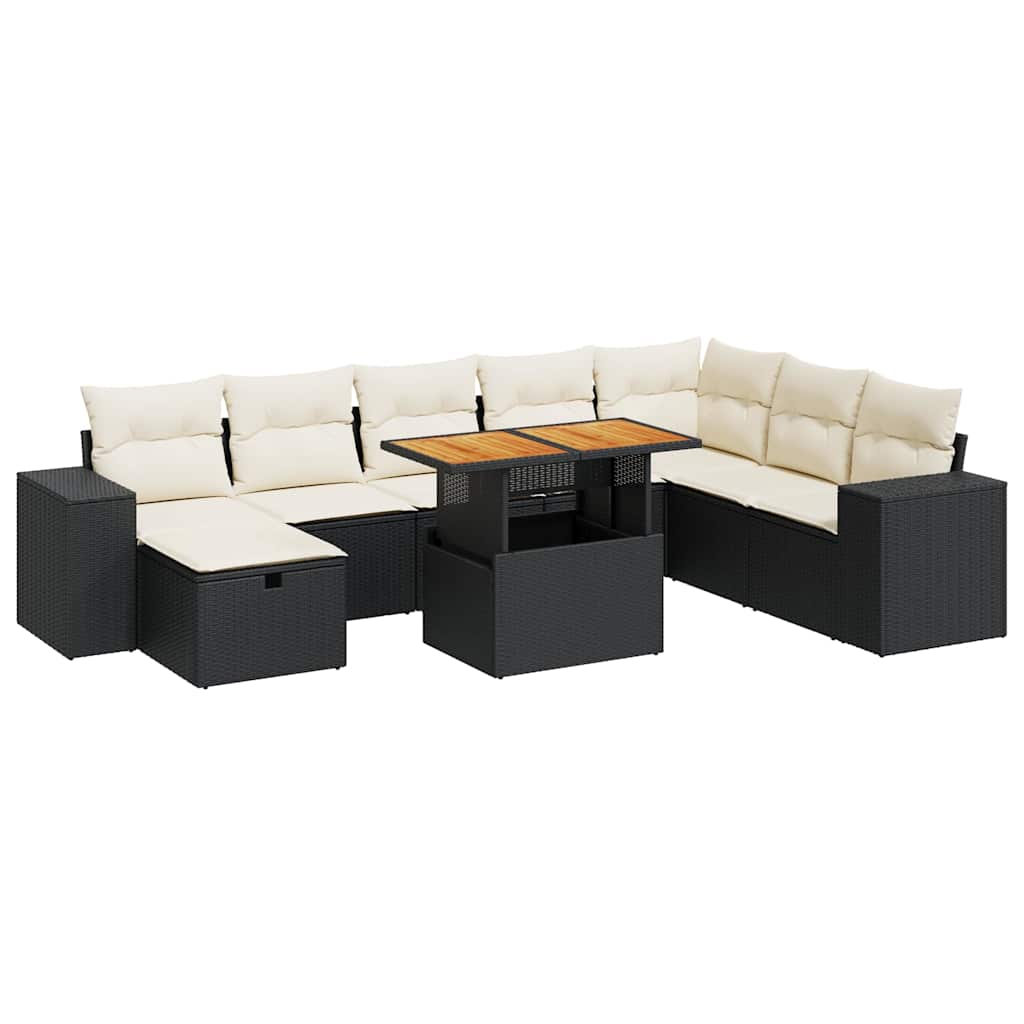 Salon de jardin avec coussins 9 pcs noir résine tressée acacia Salons de jardin vidaXL