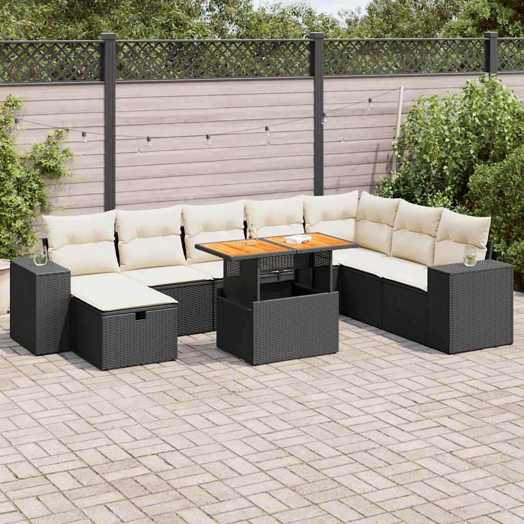 Salon de jardin avec coussins 9 pcs noir résine tressée acacia Salons de jardin vidaXL