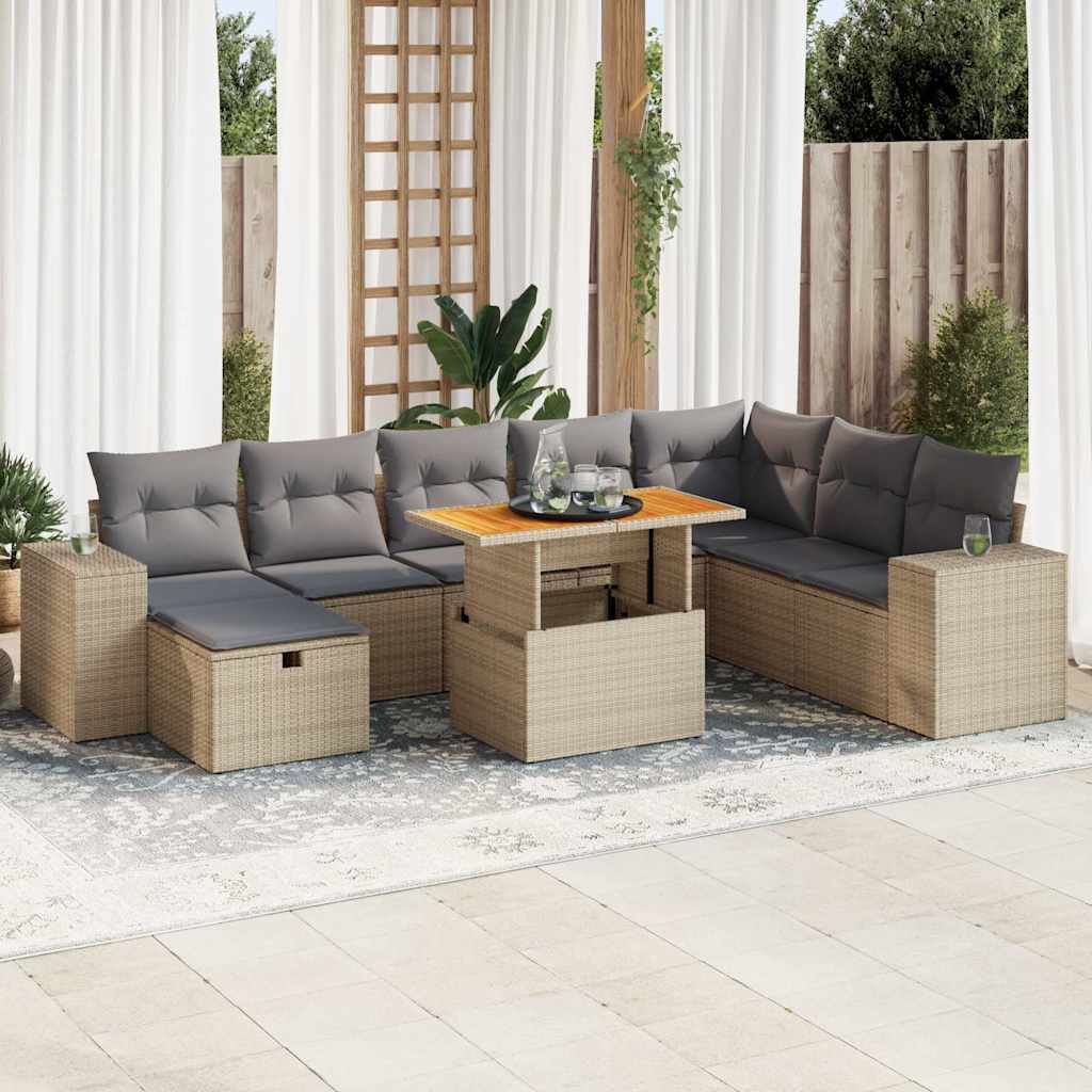 Salon de jardin avec coussins 9 pcs beige résine tressée acacia Salons de jardin vidaXL