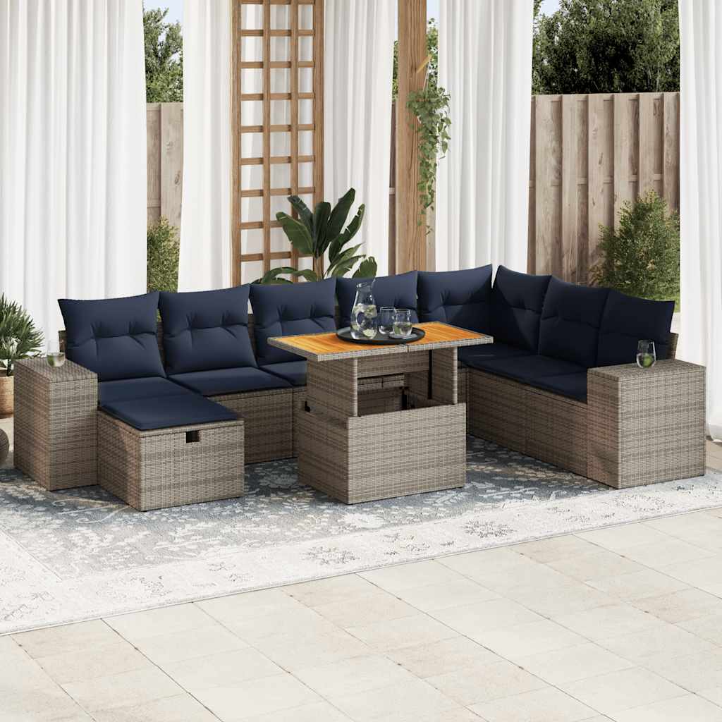 Salon de jardin avec coussins 9 pcs gris résine tressée acacia