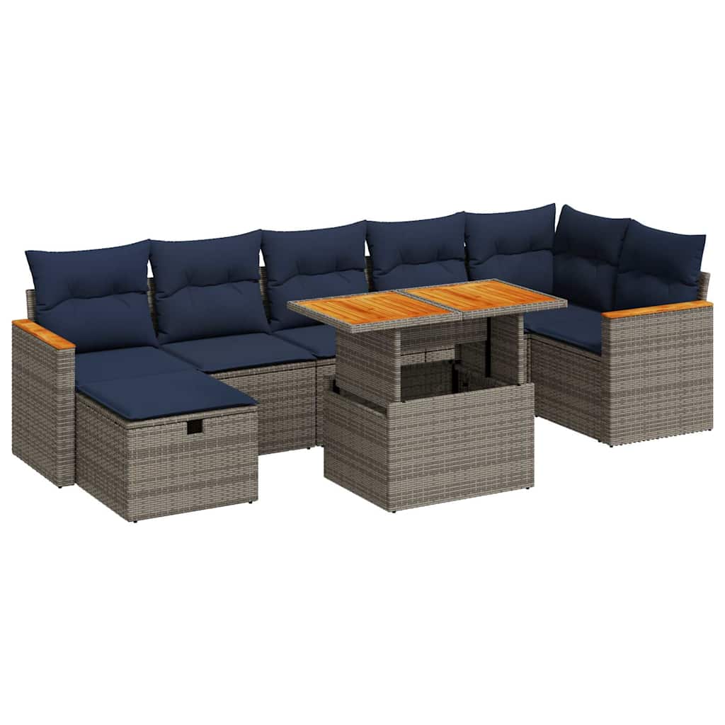 Salon de jardin 8pcs avec coussins gris résine tressée acacia
