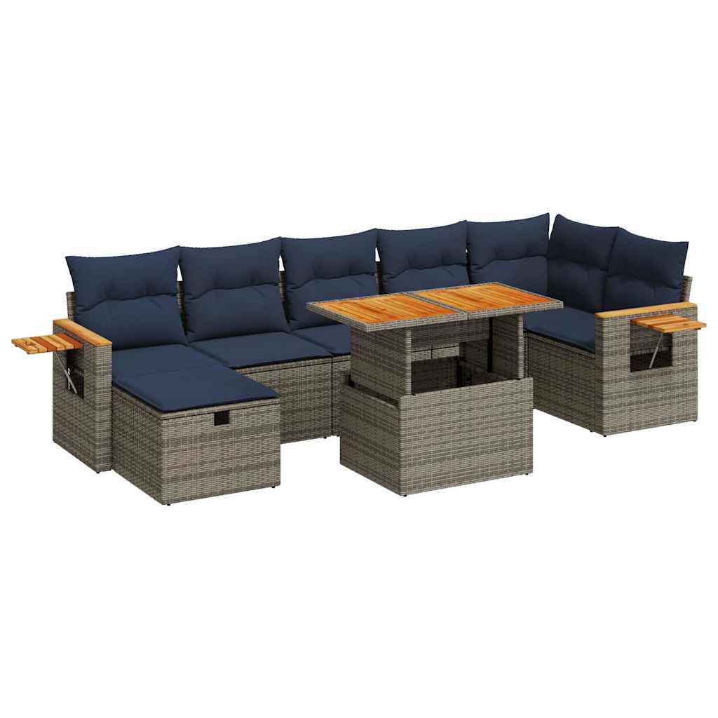 Salon de jardin 8pcs avec coussins gris résine tressée acacia