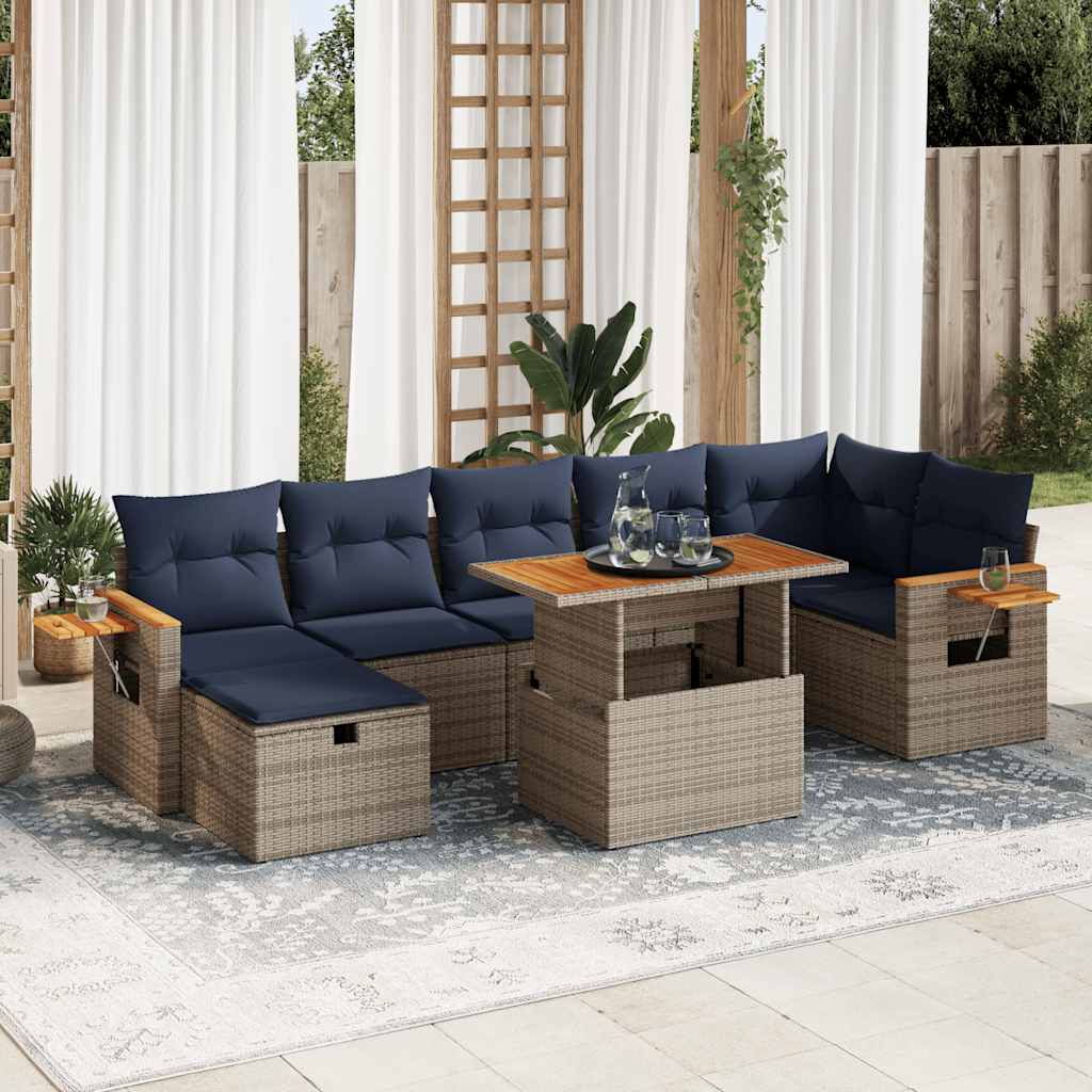 Salon de jardin 8pcs avec coussins gris résine tressée acacia