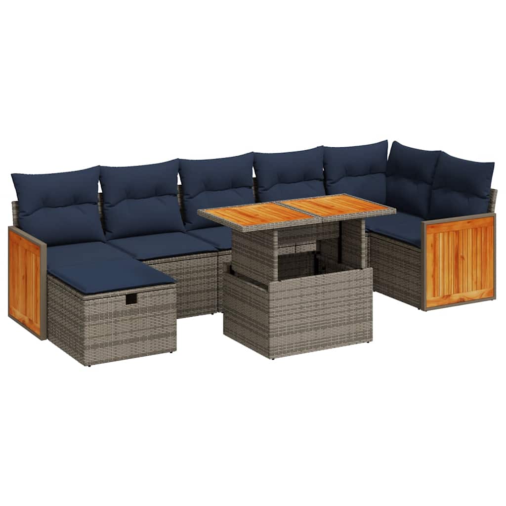 Salon de jardin 8pcs avec coussins gris résine tressée acacia