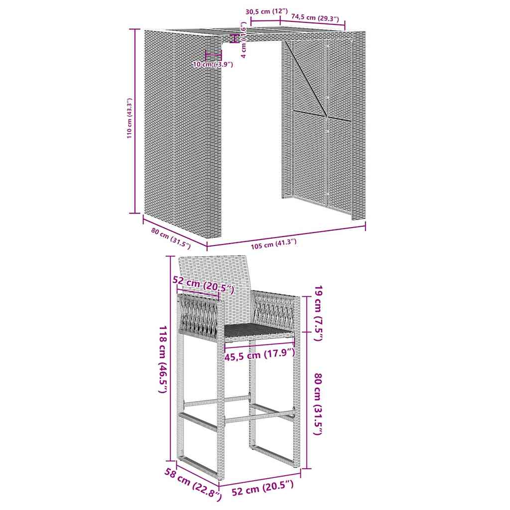 Ensemble de bar de jardin 3 pcs sans coussins noir poly rotin
