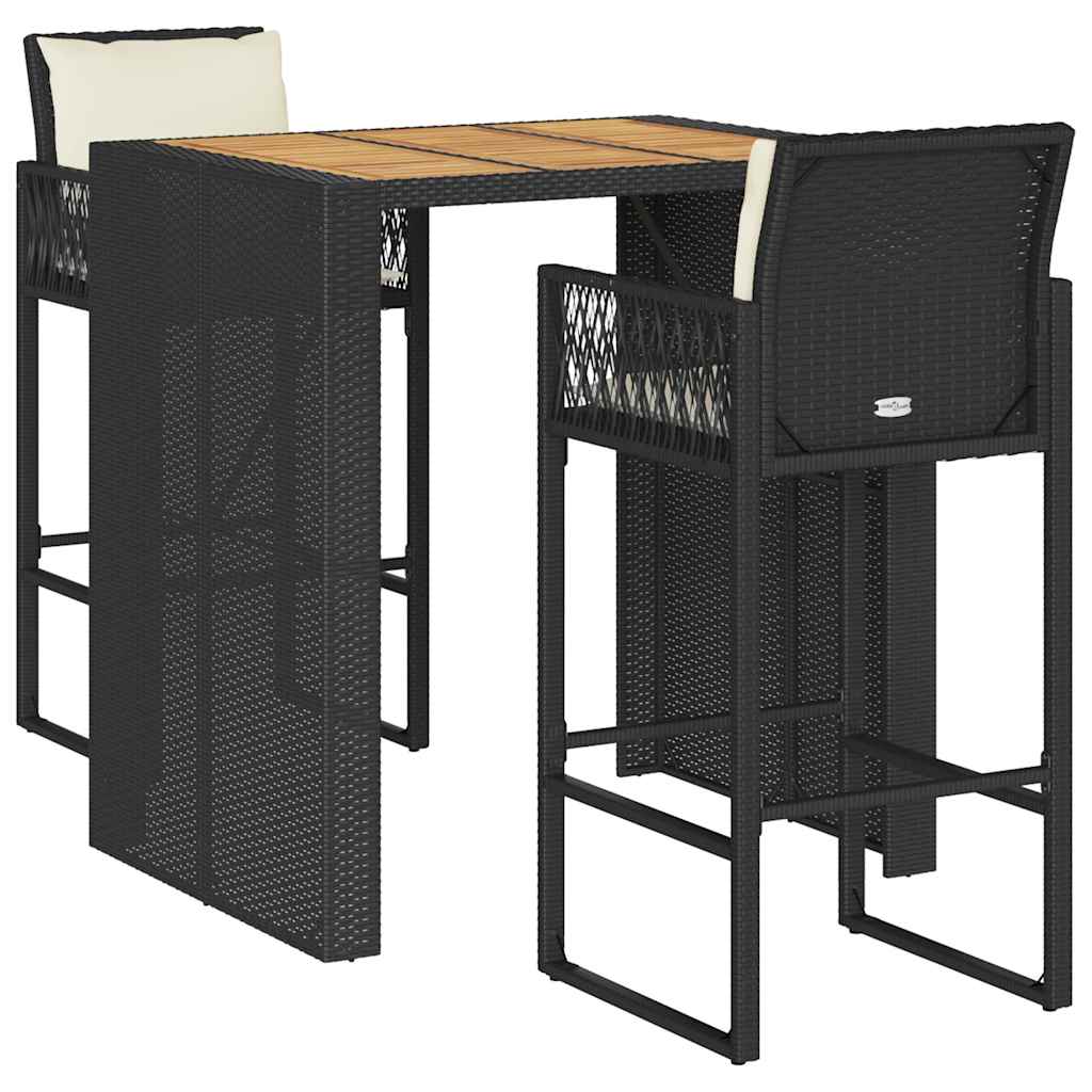 Ensemble de bar de jardin 3 pcs coussins noir poly rotin acacia