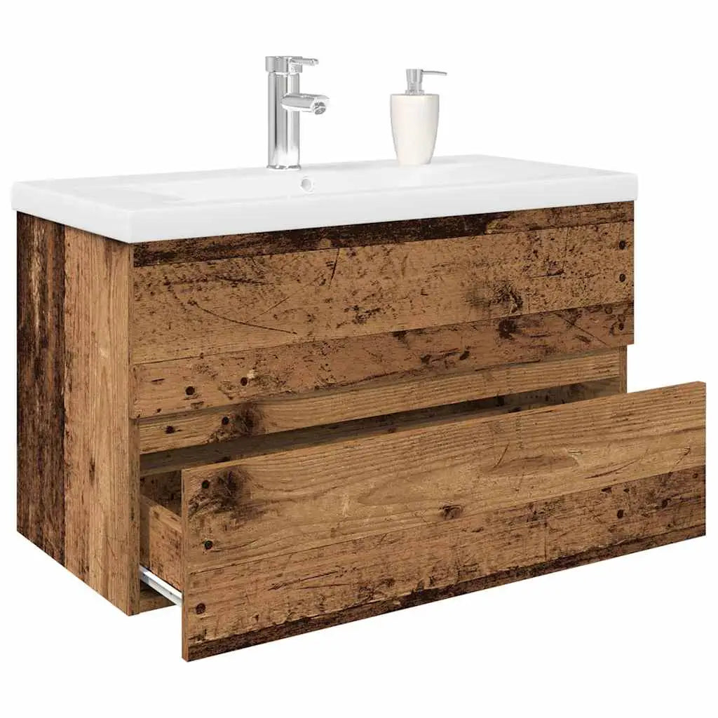 Meuble lavabo avec bassin et robinet intégrés vieux bois - XIOS