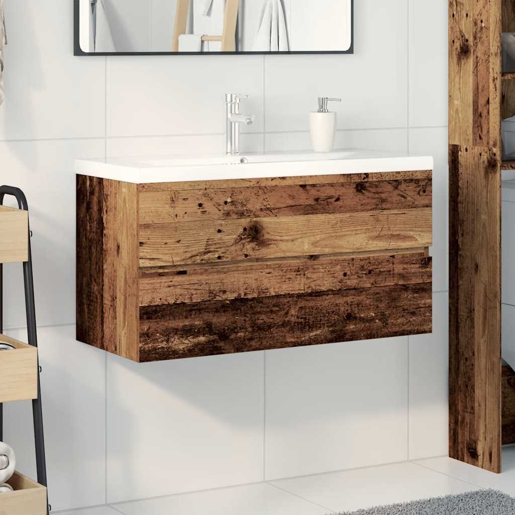 Meuble lavabo avec bassin et robinet intégrés vieux bois - XIOS