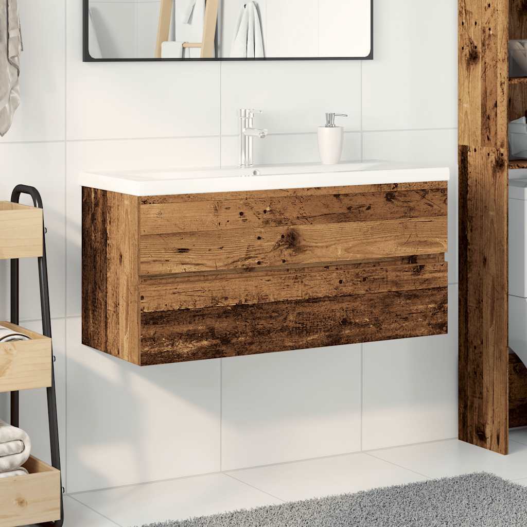 Meuble lavabo avec bassin et robinet intégrés vieux bois - XIOS