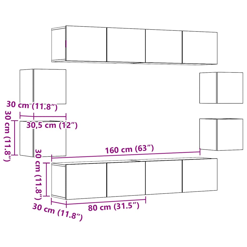 Ensemble de meuble TV mural 8 pcs vieux bois bois d'ingénierie - XIOS