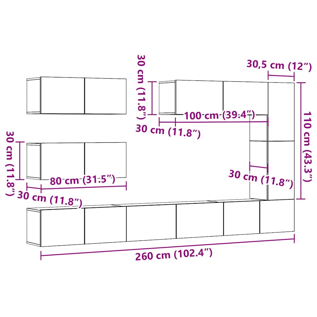 Ensemble de meuble TV mural 7 pcs vieux bois bois d'ingénierie - XIOS