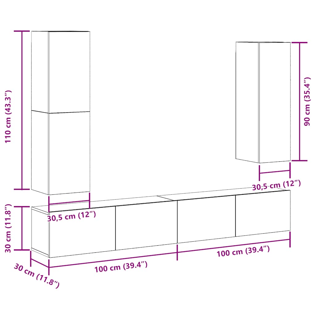 Ensemble de meuble TV mural 4 pcs vieux bois bois d'ingénierie - XIOS