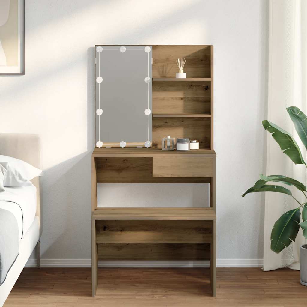 Ensemble de coiffeuse avec LED chêne artisanal bois ingénierie