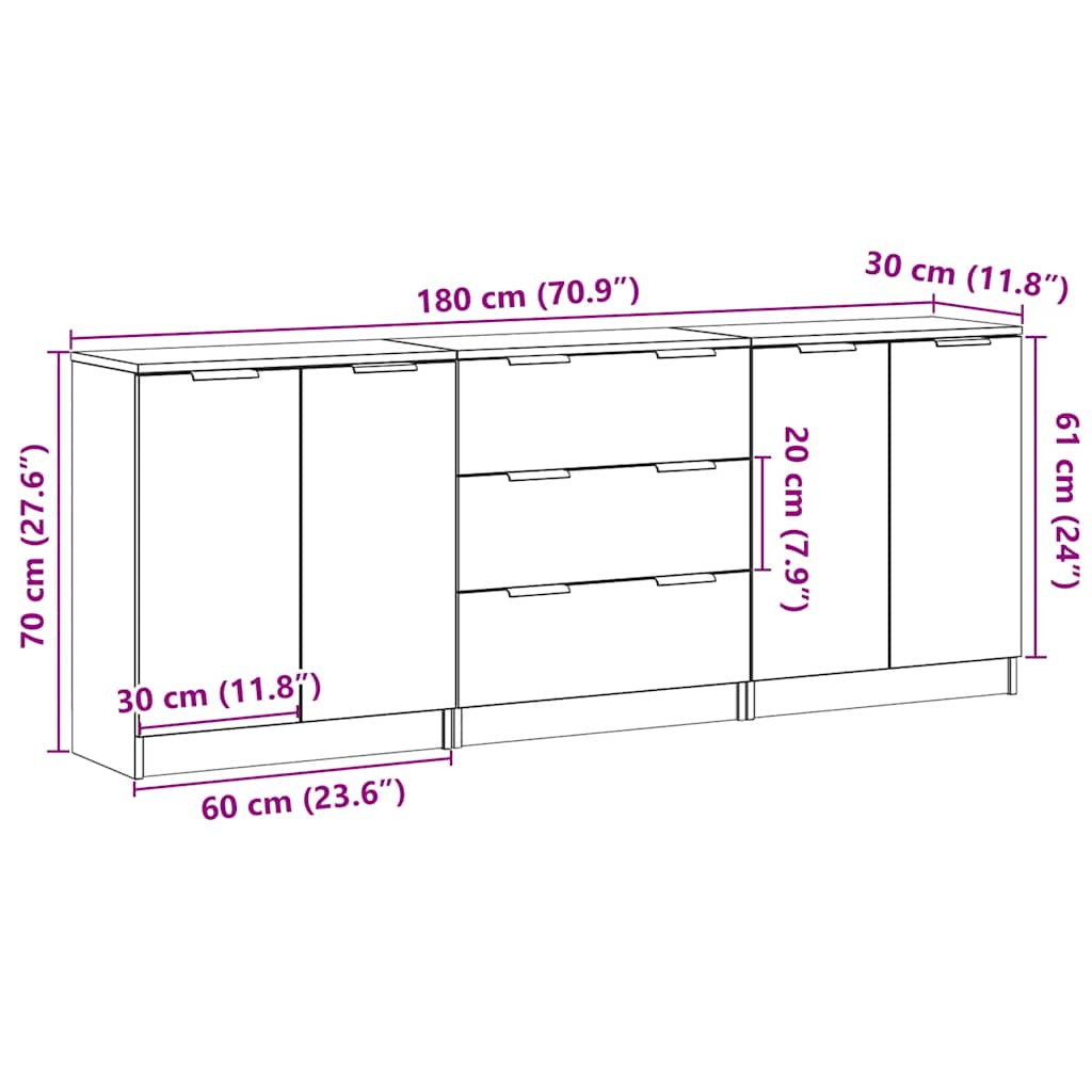 Buffets 3 pcs vieux bois 60x30x70 cm bois d'ingénierie - XIOS