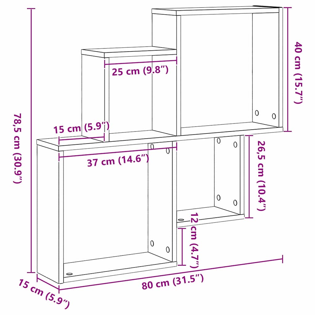 Étagère Murale Cube avec étagère Chêne noir 80 x 15 x 78.5 cm - XIOS