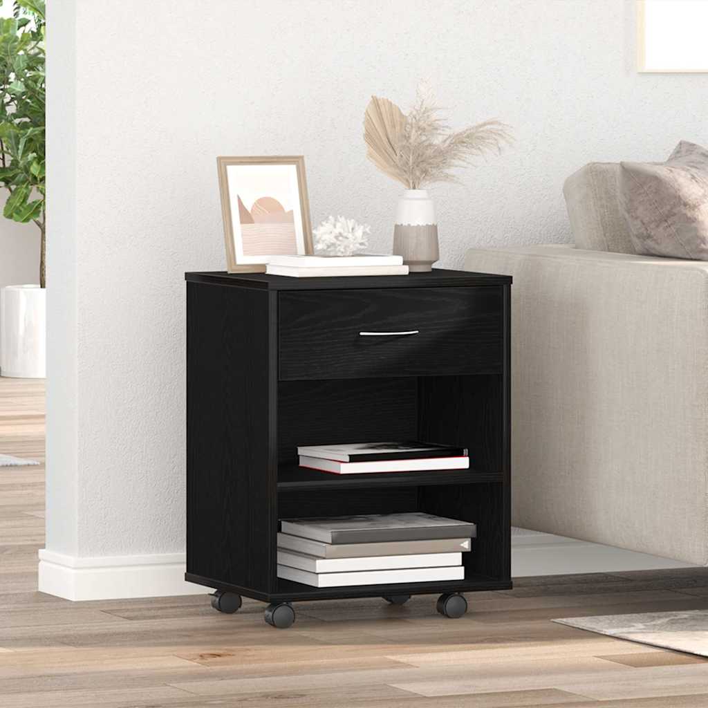 Meuble de rangement sur roulettes en chêne noir 46x36x59 cm en bois d'ingénierie