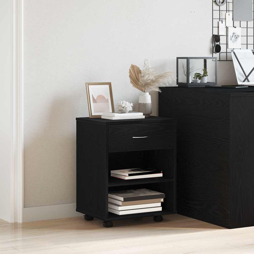 Meuble de rangement sur roulettes en chêne noir 46x36x59 cm en bois d'ingénierie