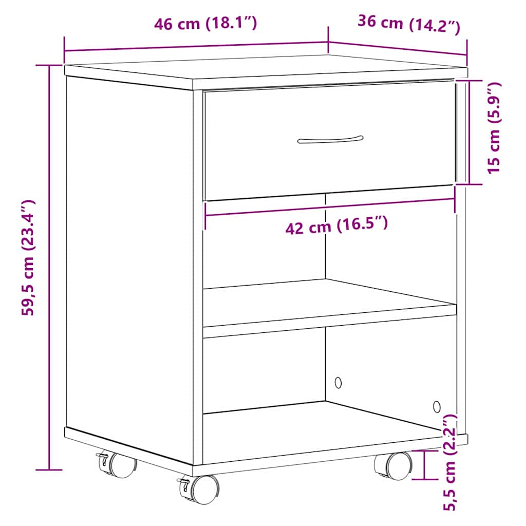 Meuble de rangement sur roulettes en chêne noir 46x36x59 cm en bois d'ingénierie