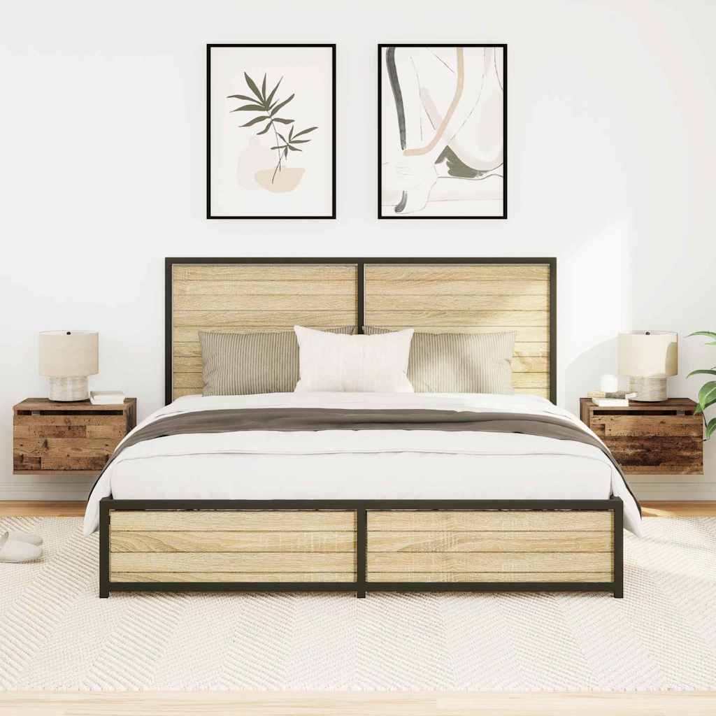 Table de chevet murale avec bande LED 2 pcs Bois Ancien