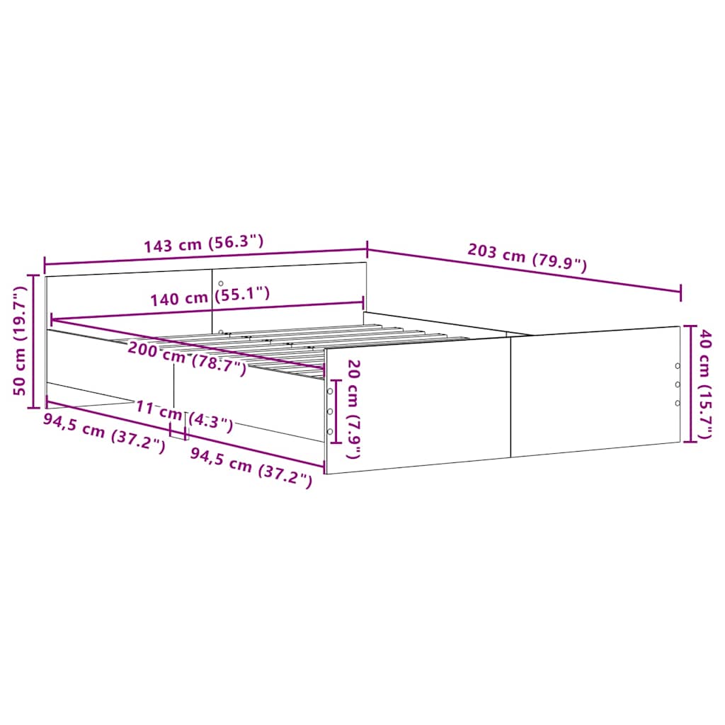 Cadre de lit sans matelas en chêne noir 140x200 cm bois d'ingénierie - XIOS