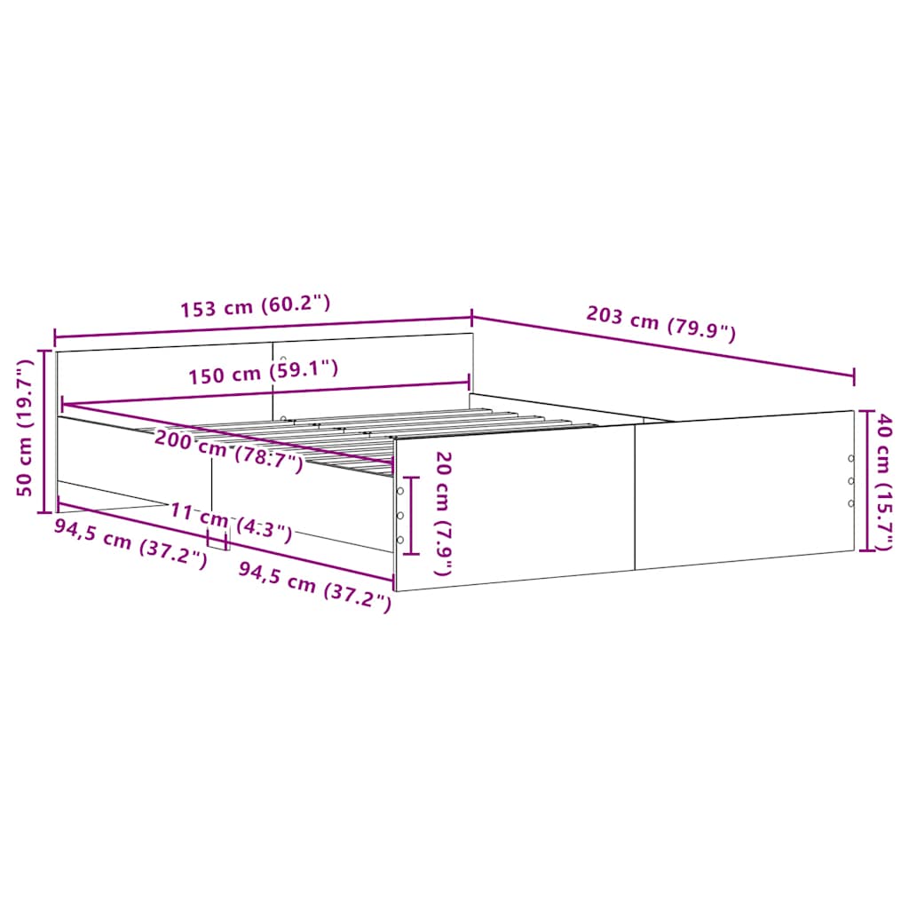 Cadre de lit sans matelas en chêne noir 150x200 cm bois d'ingénierie - XIOS