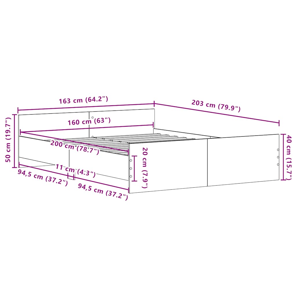 Cadre de lit sans matelas en chêne noir 160x200 cm bois d'ingénierie - XIOS