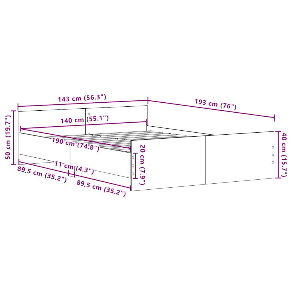 Cadre de lit sans matelas chêne noir 140 x 190 cm bois d'ingénierie - XIOS