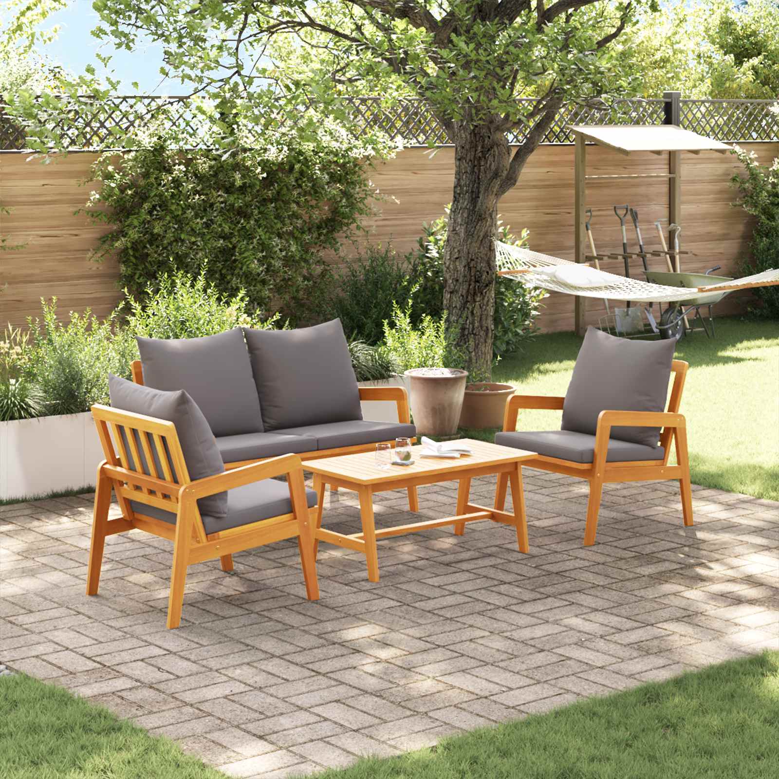 Ensemble bistrot avec coussin 4 pcs Marron Bois d'Acacia Massif