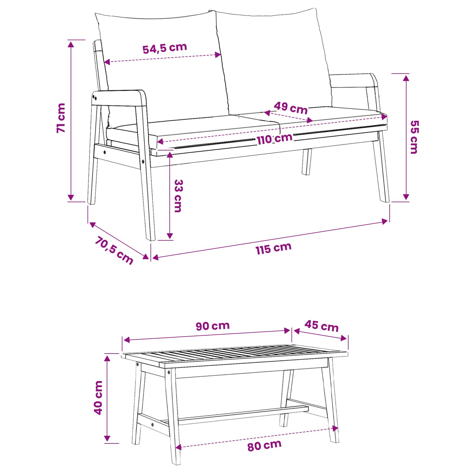 Ensemble bistrot avec coussin 3 pcs Marron Bois d'Acacia Massif