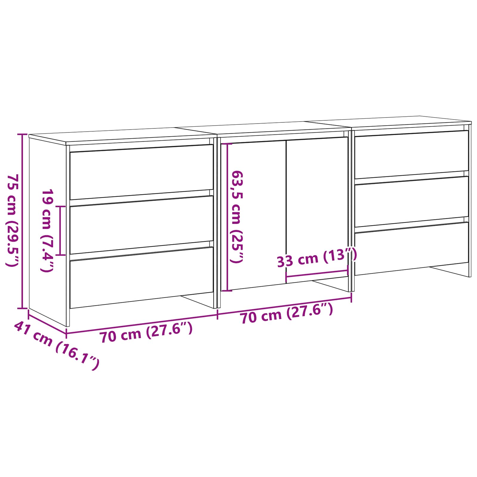 Buffet 3 pc Noir 70 x 41 x 75 cm Bois d'ingénierie