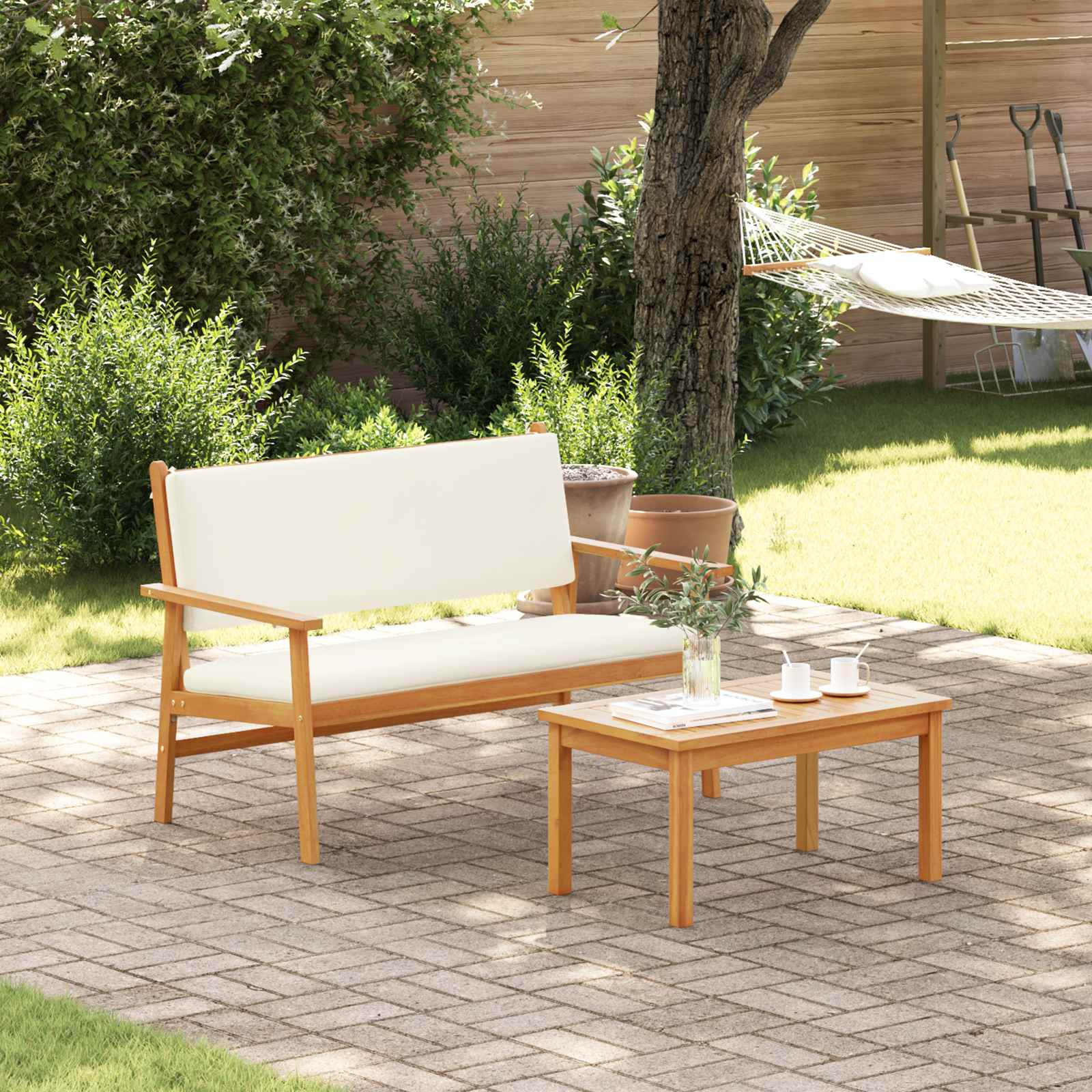 Banc de jardin avec coussin Blanc crème Bois d'Acacia Massif - XIOS
