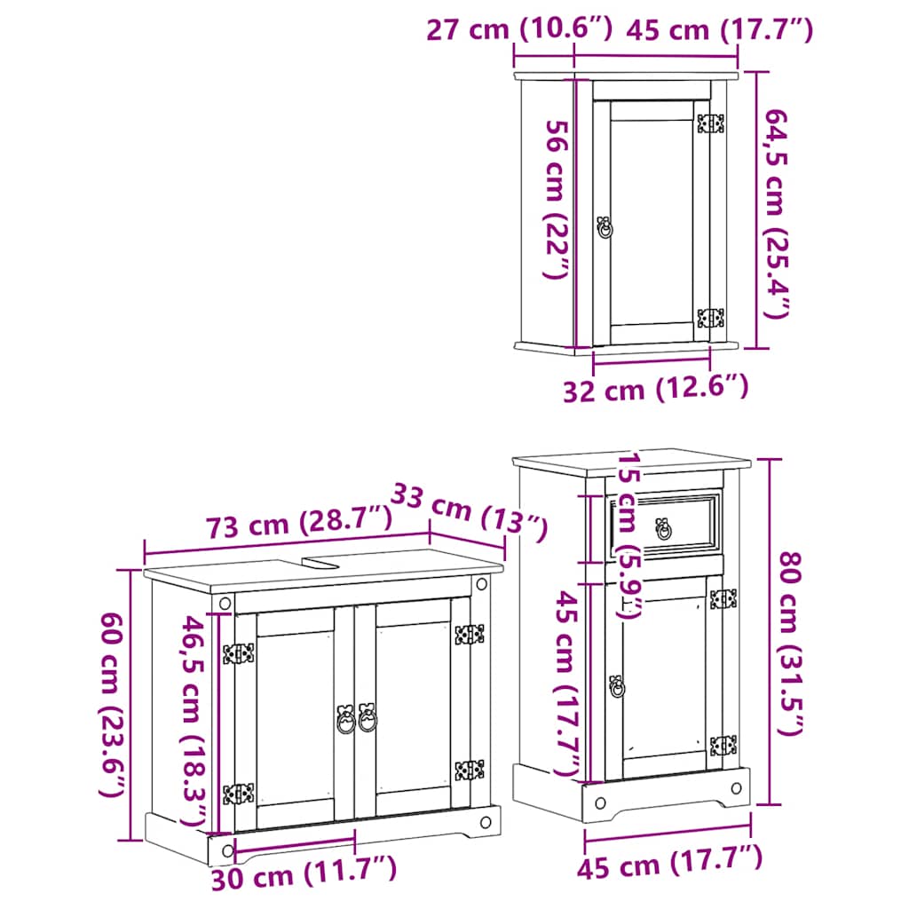 Ensemble de meubles salle de bain 3 pcs Corona bois pin massif - XIOS