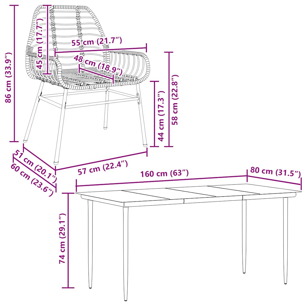 Ensemble à manger jardin 7pcs marron poly rotin verre