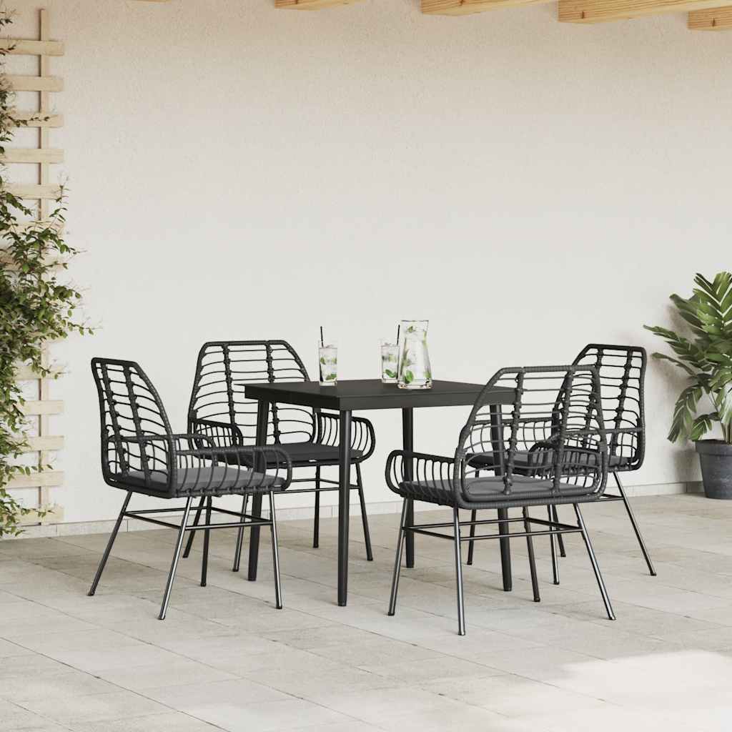 Ensemble à manger de jardin et coussins 5 pcs noir rotin verre