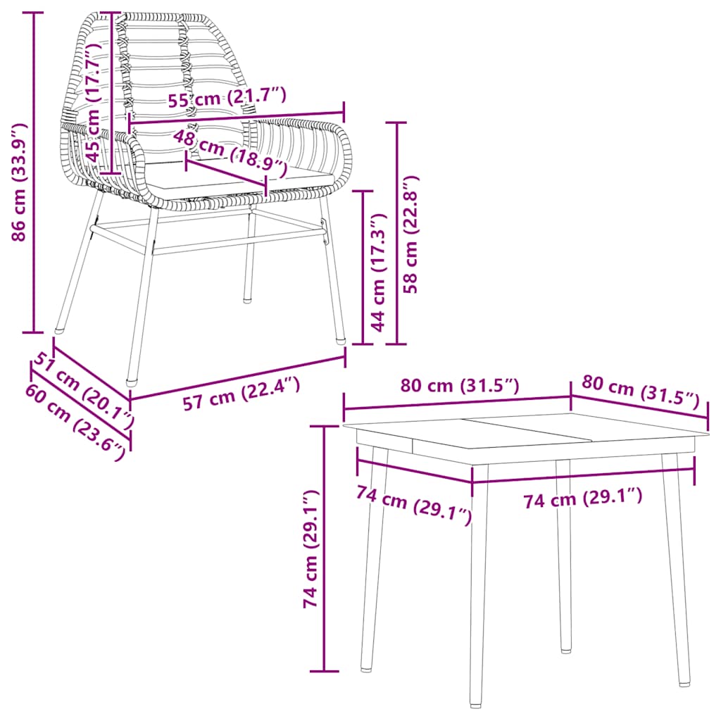 Ensemble à manger jardin coussins 5pcs marron poly rotin verre