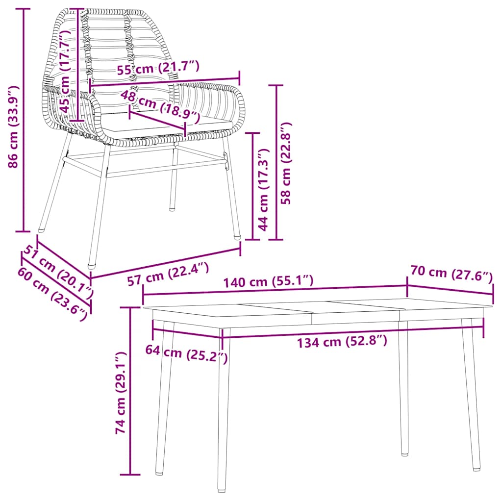 Ensemble à manger jardin coussins 5pcs marron poly rotin verre