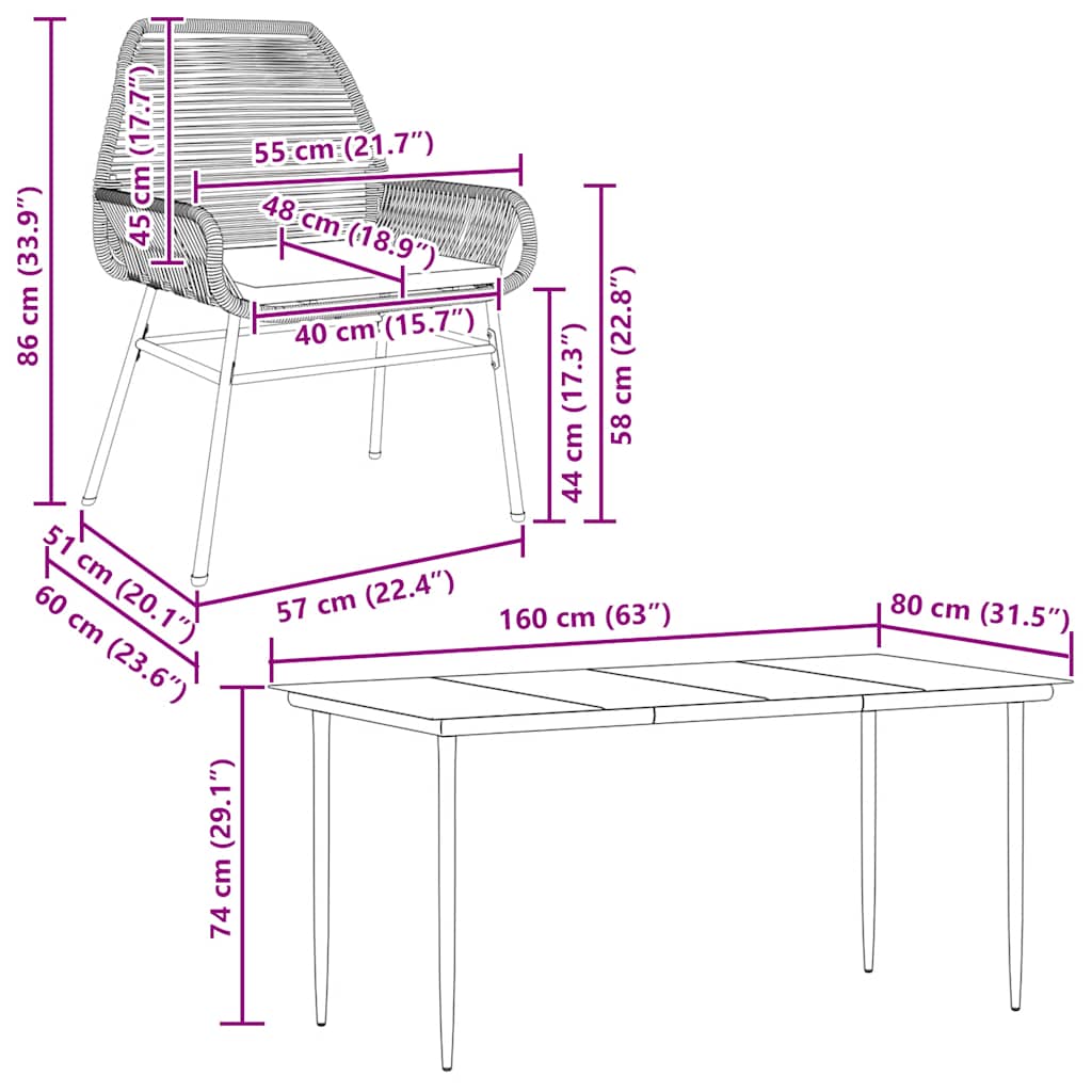 Ensemble à manger de jardin coussins 7pcs noir poly rotin verre