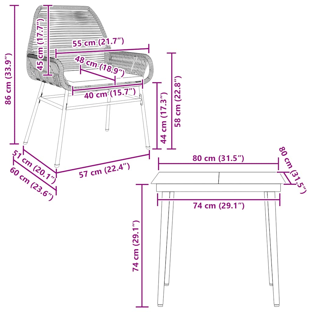 Ensemble à manger jardin coussins 3pcs marron poly rotin verre