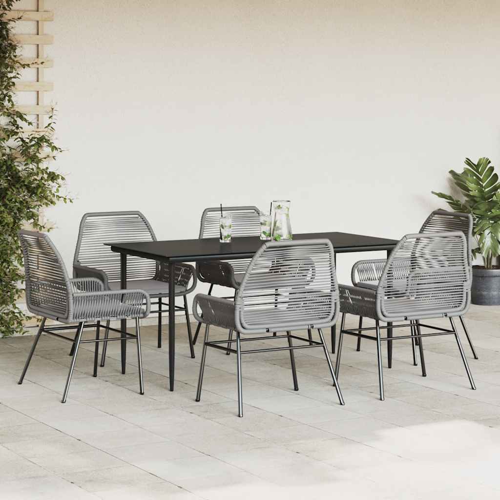 Ensemble à manger jardin coussins 7 pcs gris poly rotin verre