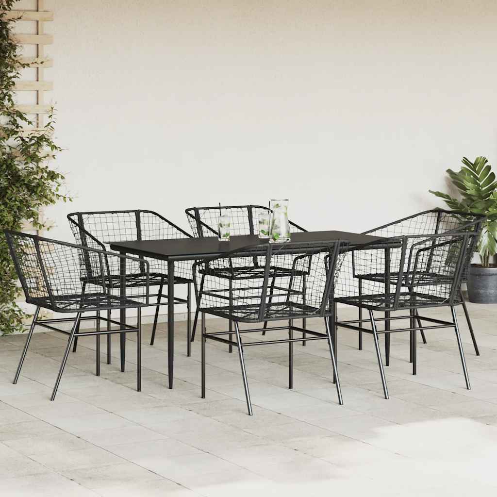Ensemble à manger de jardin 7pcs noir poly rotin verre