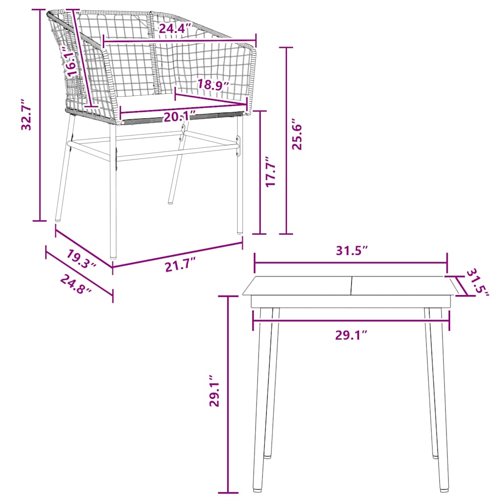 Ensemble à manger de jardin et coussins 3 pcs noir rotin verre