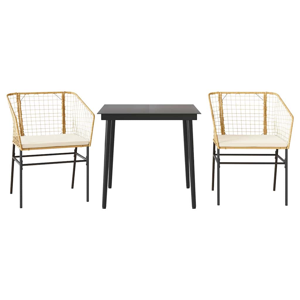Ensemble à manger jardin coussins 3pcs marron poly rotin verre