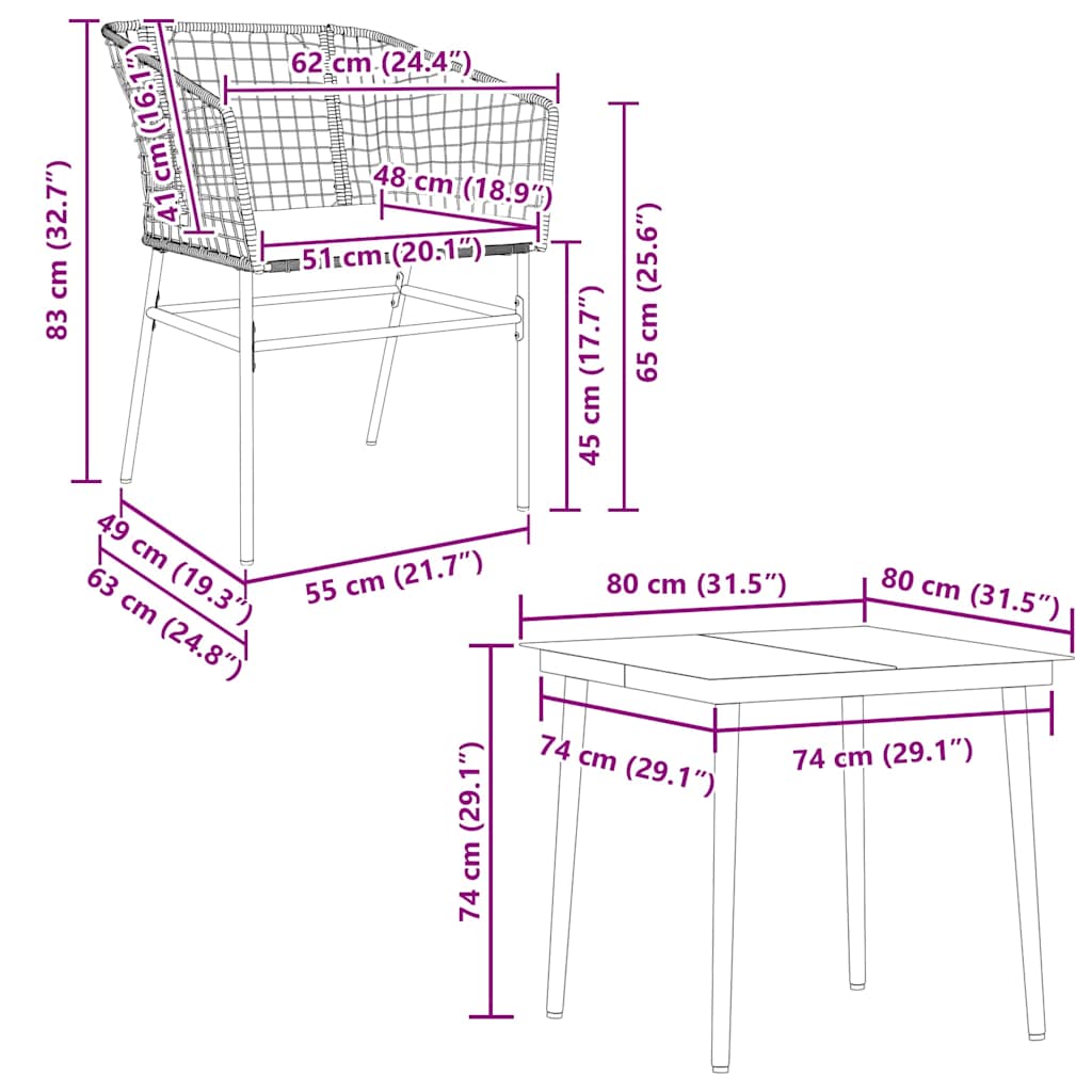 Ensemble à manger jardin coussins 5pcs marron poly rotin verre